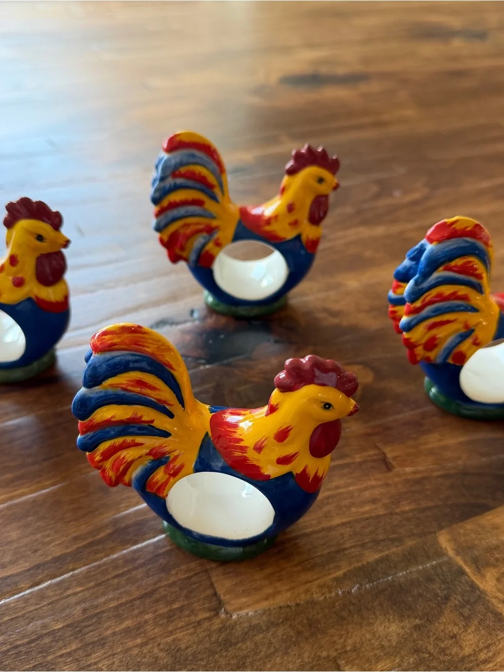 Colorful Rooster Ceramic Napkin Rings - Set of 4